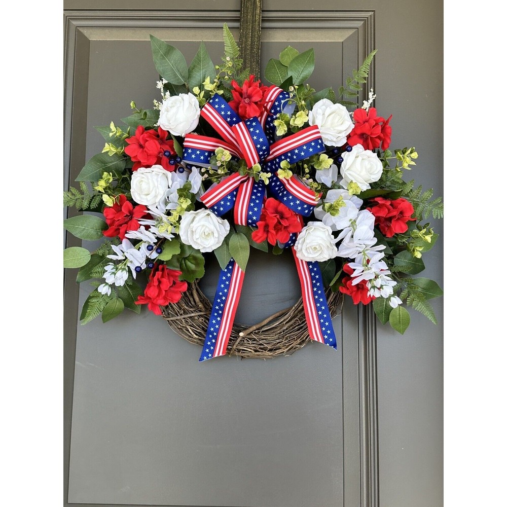 Handmade Summer Floral Red, White & Blue Grapevine Wreath, White Rose, Wisteria